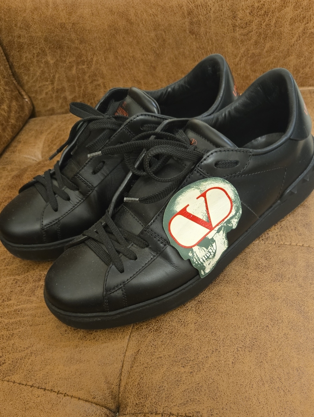 Valentino Black Leather Sneakers with Skull and Red V Graphic